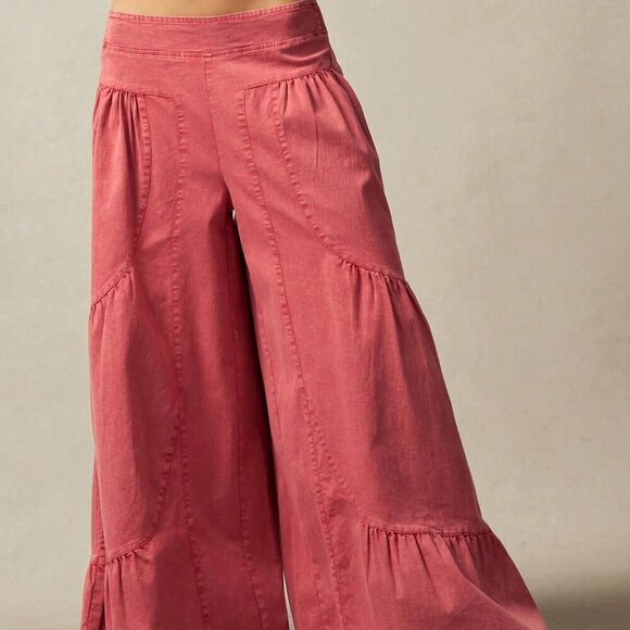 Red Boho Women's Wide Leg Low Waist Loose Pants - Picture 3 of 7